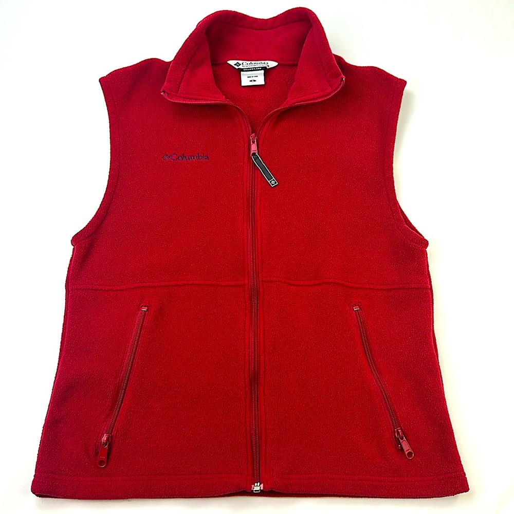 Columbia Red fleece vest.  Size men’s small. Front zipper pockets.